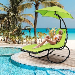 Metal Hammock Patio Swing Lounger Chair Shade Canopy Padded Cushion 330 lbs. Capacity Green