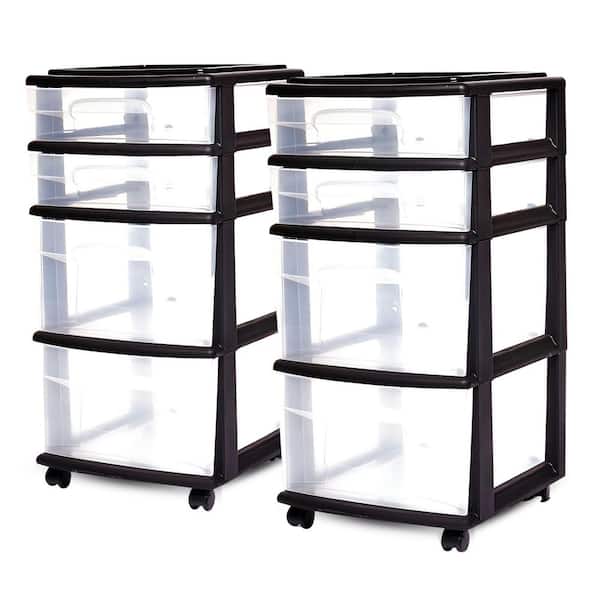 Plastic 4 Drawer Medium Storage Tower, Clear Drawers & Black Frame (2 Pack)