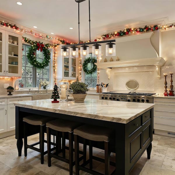 Modern 5-Light 37 in. Matte Black Linear Island Chandelier with Clear Glass Shades, Kitchen Hanging Pendant Light