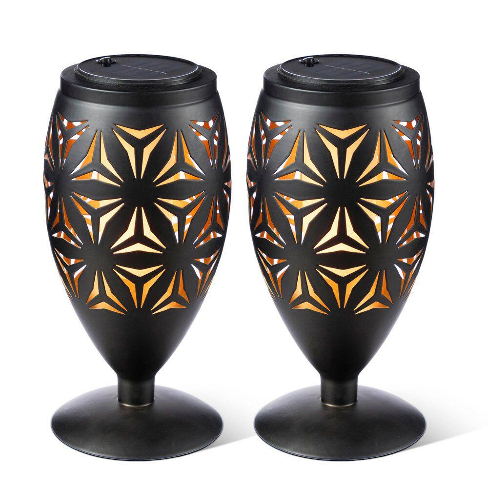8.75 in. H Black Metal Cutout Geometric Pattern Solar Powered Outdoor Lantern with LED Light (Set of 2) price history on PriceWatchPro