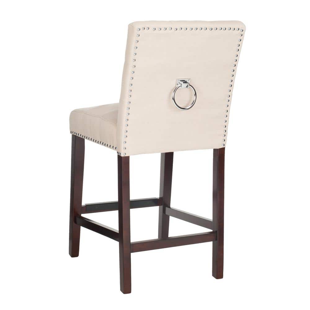 Beige Tufted Linen Transitional Counter Stool with Chrome Accents, Set of 2