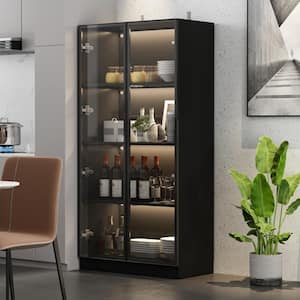 LED Lights Buffet Sideboard Cupboard Food Pantry With Tempered Glass Doors and Aluminum Framed