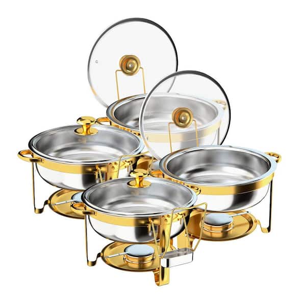 5 qt. 4 Piece Gold Round Stainless Steel Chafing Dishes with Glass Lid