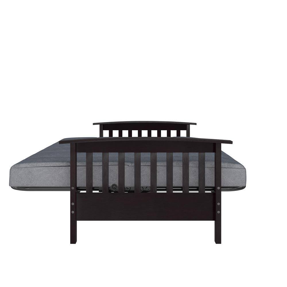 Gray Linen Reclining Futon with Dark Wood Arms and Metal Frame