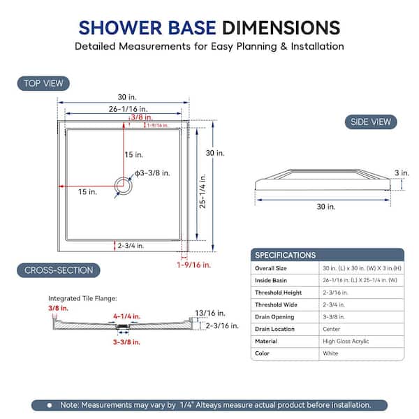 30 in. L x 30 in. W Acrylic Alcove Shower Pan Base with Center Drain, 360° Finished Exterior, Slip-Resistant, White