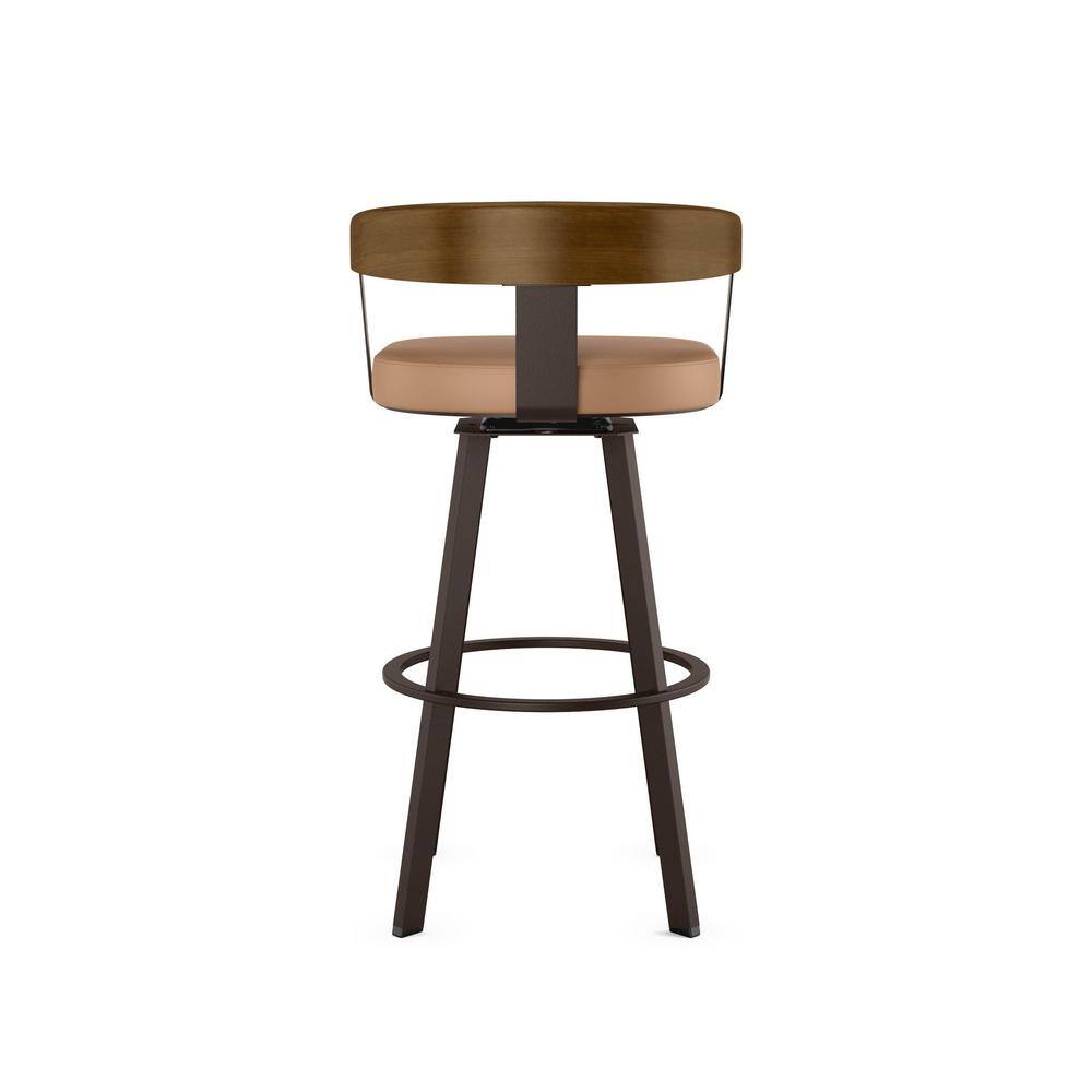 Caramel Faux Leather Swivel Bar Stool with Dark Brown Wood Backrest