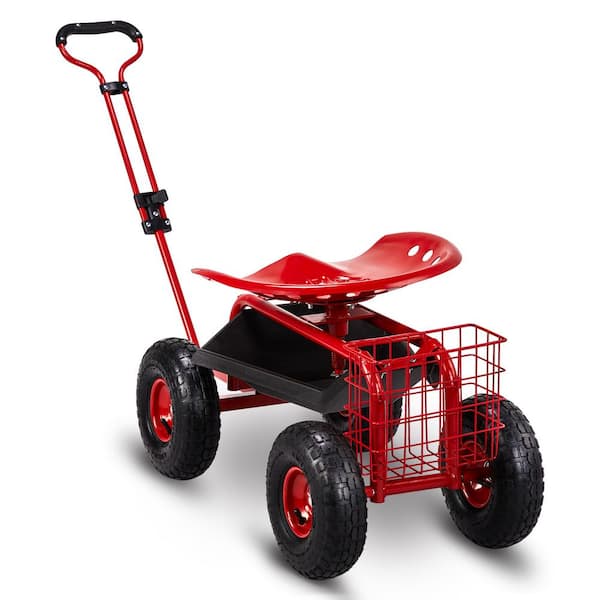 22.4 in. Red Iron Garden Cart Rolling Work Seat with Wheels and Extendable Handle