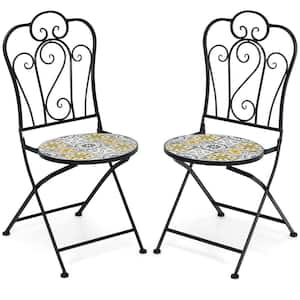 2-Piece Yellow Outdoor Mosaic Folding Bistro Chairs with Ceramic Tiles Seat