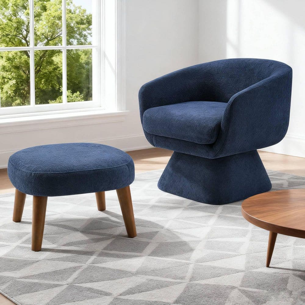 Blue Fabric Arm Chair Upholstered Lazy Chair with Footrest for Small Space