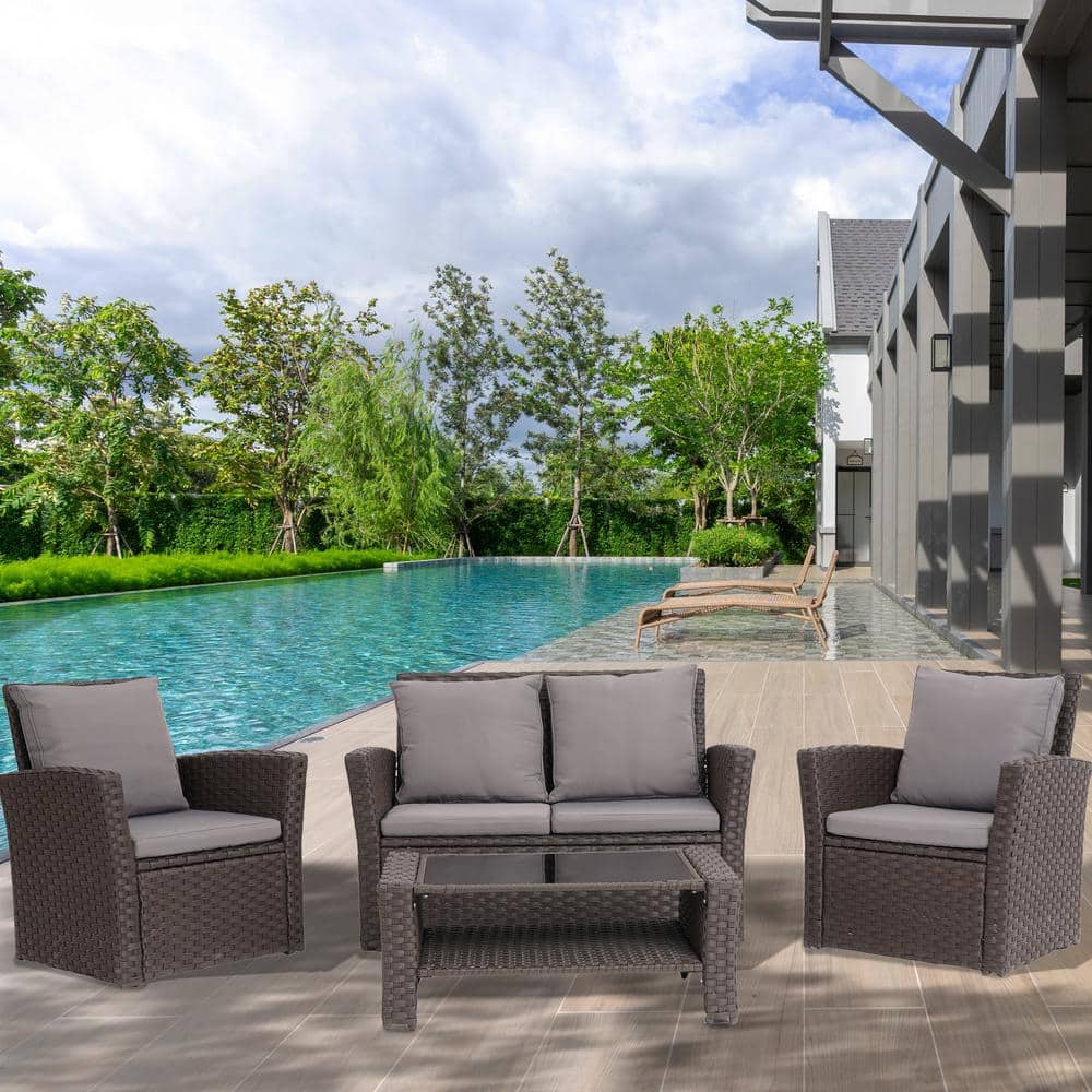 4-Piece Wicker Patio Conversation Set Rattan Seating Set with Loveseat Sofa