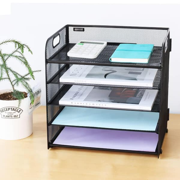 Black 12 in. x 11.22 in. Mesh Steel Wire Paper Tray Organizer with Handle for Office, Home or School