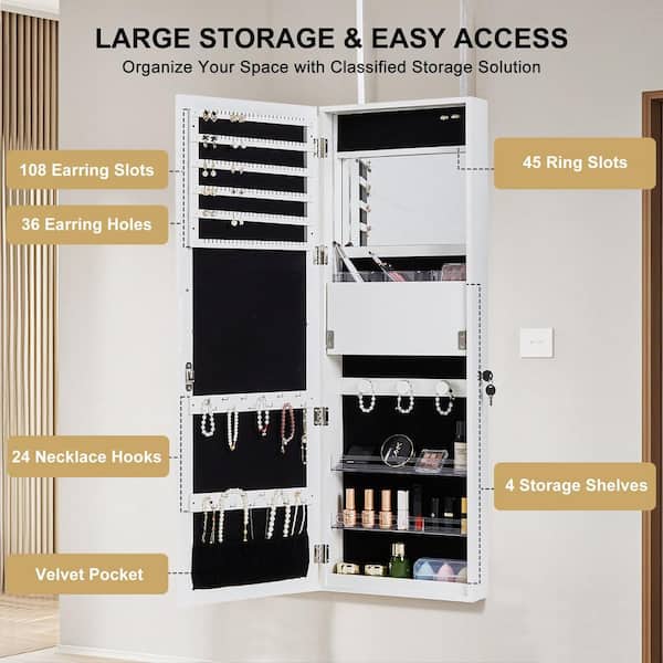Jewelry Cabinet White Wood Wall/Door Mounted 14.57 in. W Jewelry Armoire, with Lockable LED Makeup Light, Wood Style 1