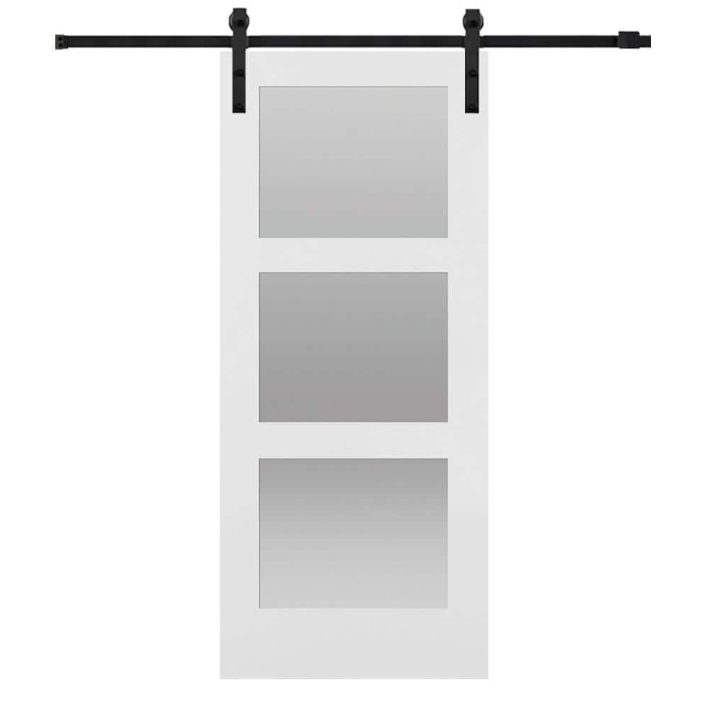 MMI Door 36 in. x 84 in. Shaker 3Lite Frosted Glass Primed MDF Sliding