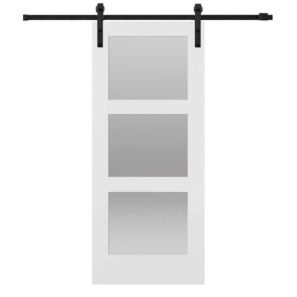 MMI DOOR 36 in. x 84 in. Shaker 3-Lite Frosted Glass Primed MDF Sliding Barn Door with Bent Strap Hardware Kit