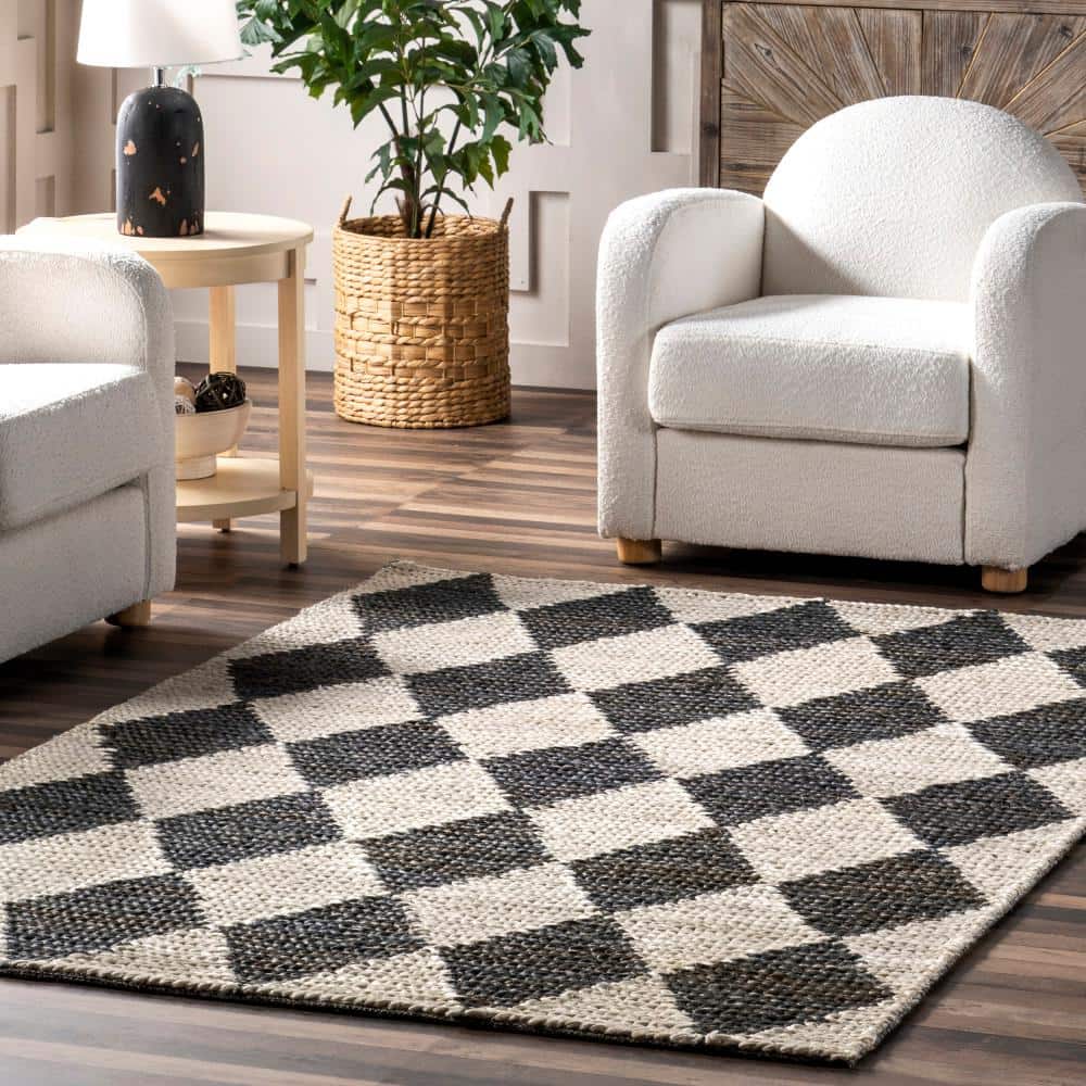 Charcoal and White Diamond Striped Cotton Area Rug, 8' x 10'