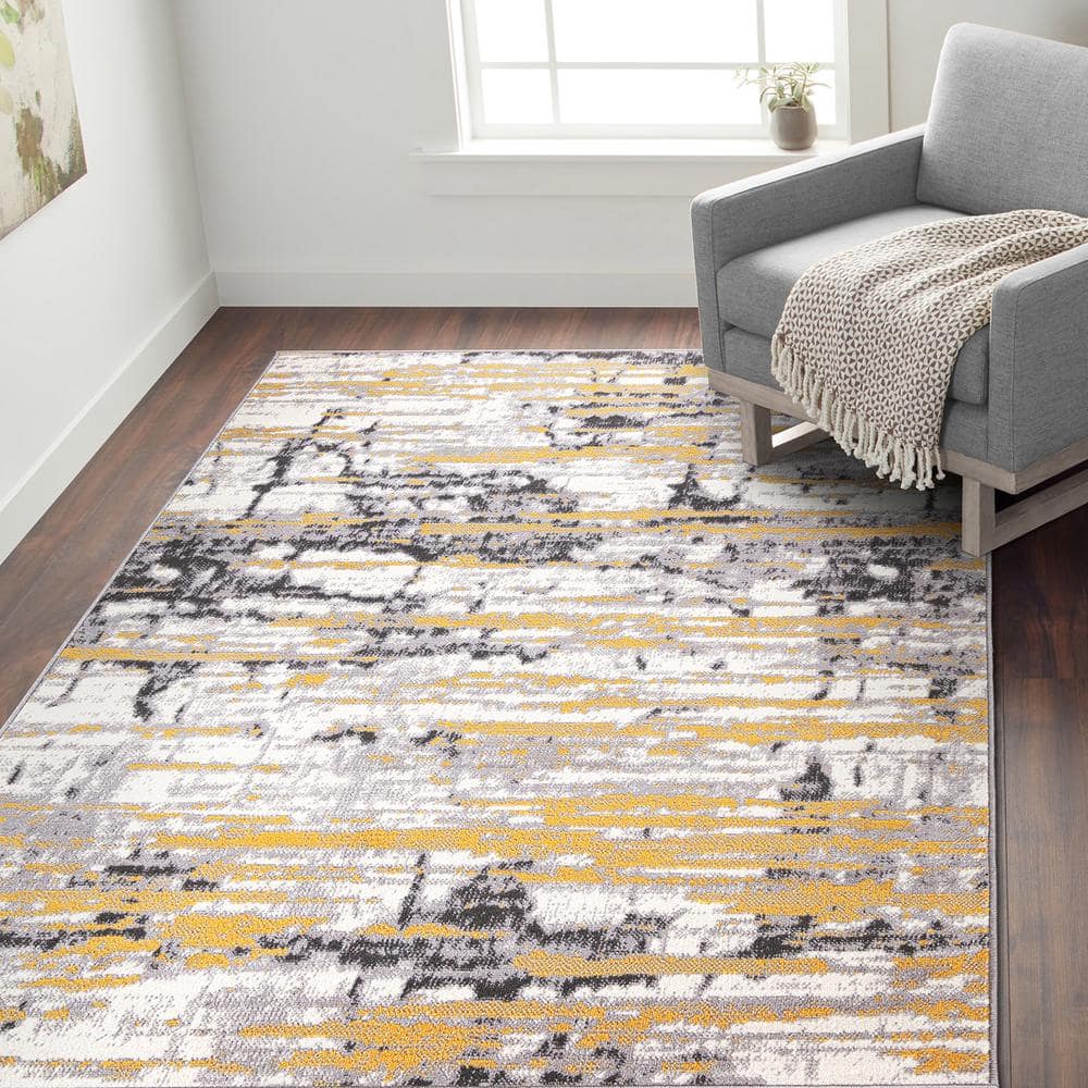 Yellow and Gray Abstract 8' x 10' Synthetic Area Rug
