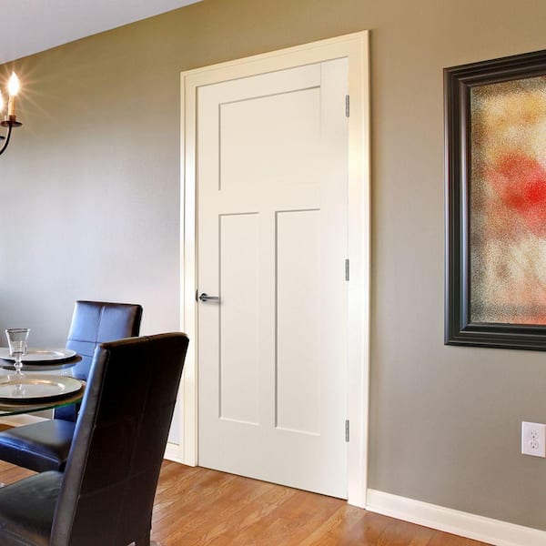 32 in. x 80 in. 3 Panel Left-Handed Primed Composite Hollow Core Single Prehung Interior Door 4-9/16 in. Flat Jamb