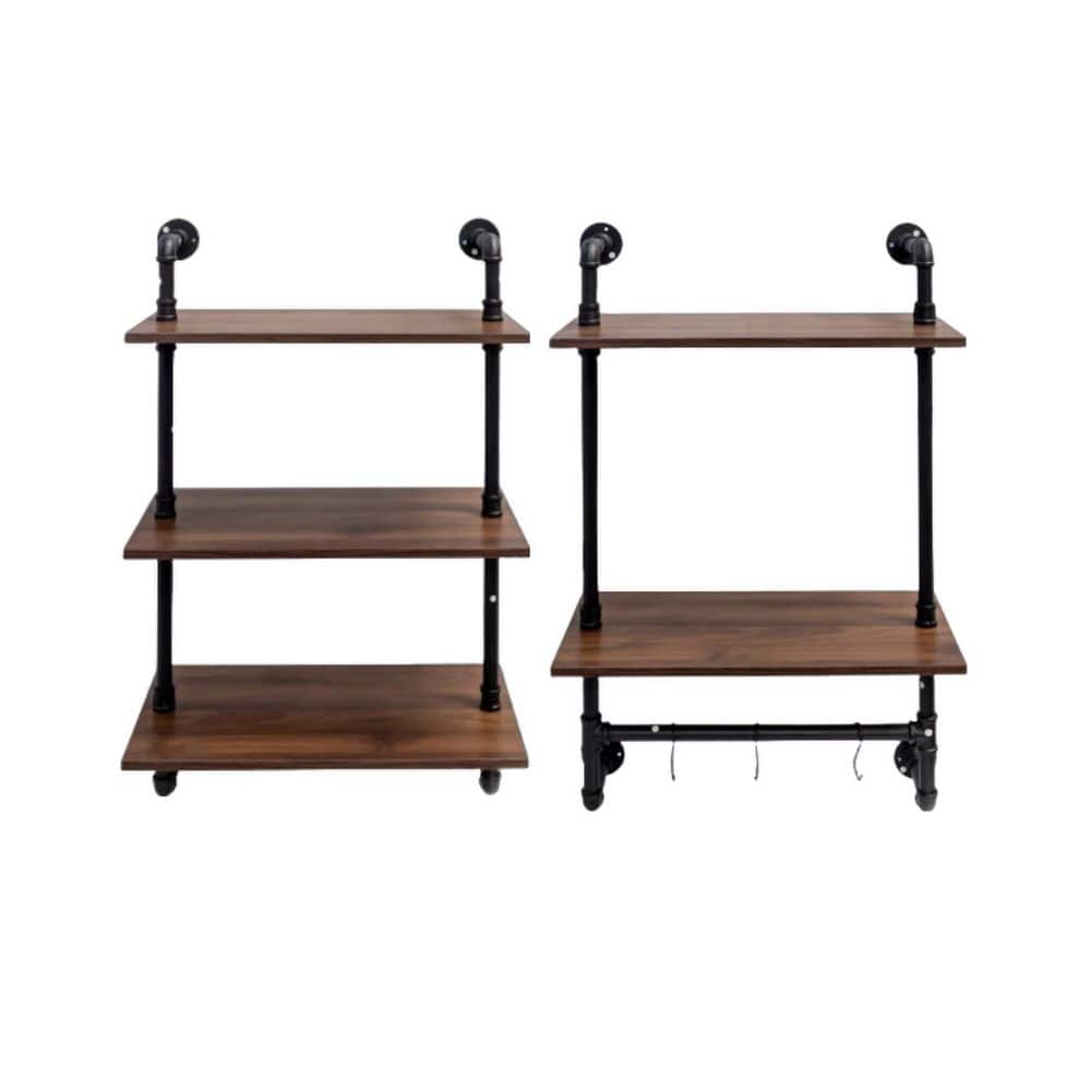 New Set of 2 Walnut 24.02 in. Wood Decorative 3 Tier and 2 Tier Wall Mounte