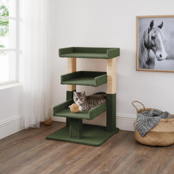 HOMESTOCK Green Triple Cat Tree, Multi-Level Cat Condo Play House Activity Center, Scratching Post House Furniture for Indoor Cats