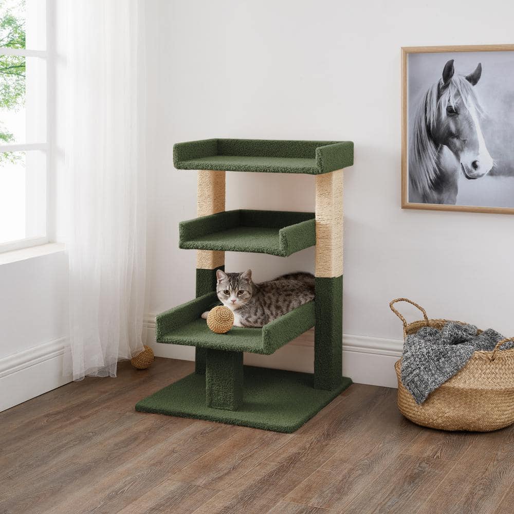 Naomi Home Nala Cat Tree for Large Cats Cat Activity with Scratching Post Cat Tower for Large Cats 3Level Cat Play Perch Cat Climbing Tower Cat Tree for Indoor Cats Multi-Level Cat Condos- Green