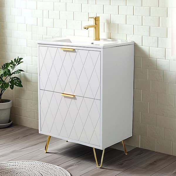 VAPSINT 24 in. W Bathroom Vanity in White with White Ceramic Sink Maximizes Storage in Small Bathrooms and Powder Rooms