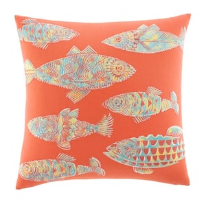 Batic Fish 1-Piece Orange Cotton 20 X 20 Decorative Pillow