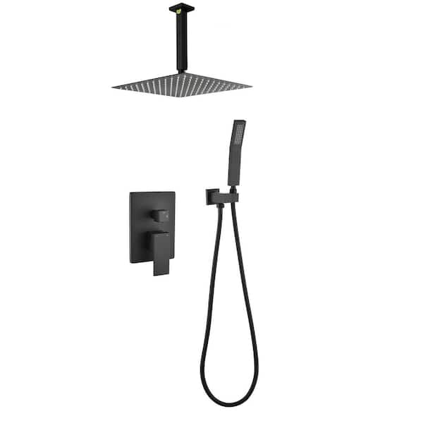 WELLFOR 2-Spray Dual Shower Head 12 in. Ceiling Mount Fixed and Handheld Shower Head 2.5 GPM in Matte Black (Valve Included)