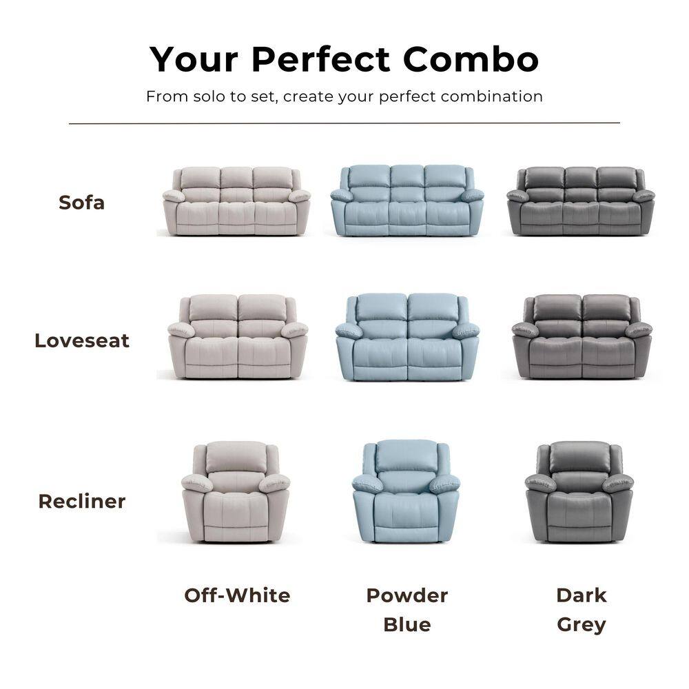 Comparison chart showing different sofa, loveseat, and recliner options in off-white, powder blue, and dark grey.
