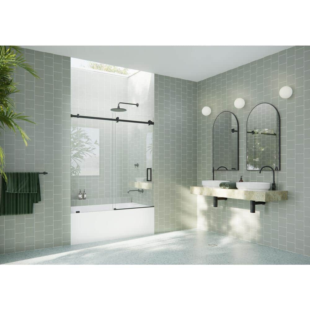 Astro Frameless Sliding Bathtub Door in Matte Black with Tempered Glass