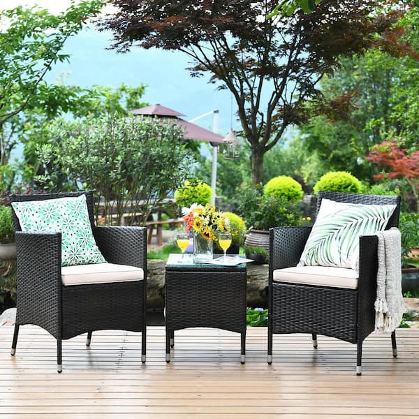 Costway 3-Piece PE Rattan Wicker Patio Conversation Set Outdoor Chairs and Coffee Table with Beige Cushion