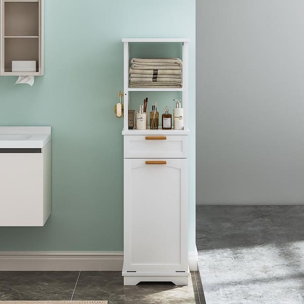 Hidden Trash Can Storage, Kitchen Trash Bin Cabinet with Bonus Collapsible Bin, Slim MDF Buffet Sideboard, White Style 3