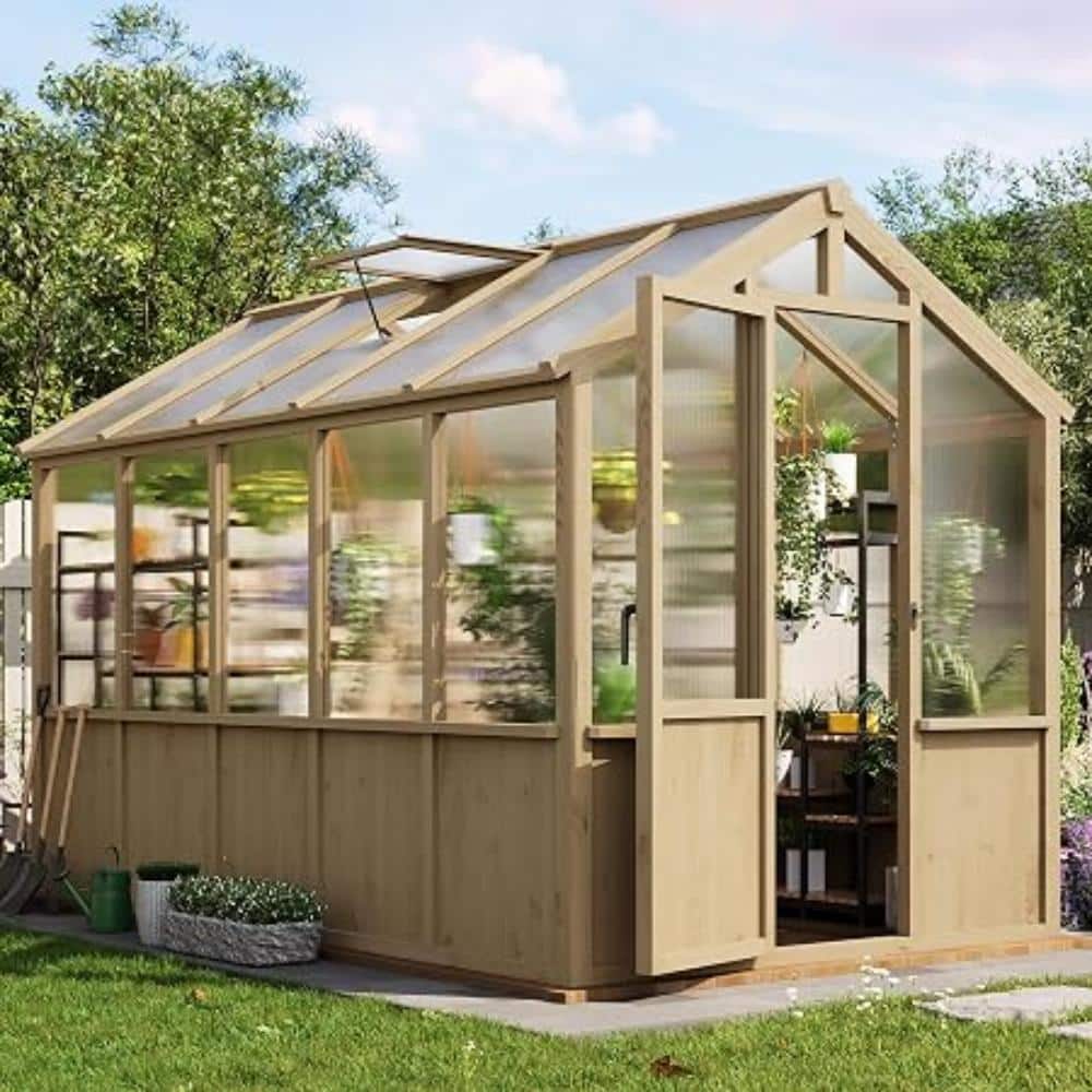 6x8ft Spruce Wooden Walk-In Greenhouse with Polycarbonate Panels, Adjustable Roof Vents & Lockable Door, Wood price history on PriceWatchPro