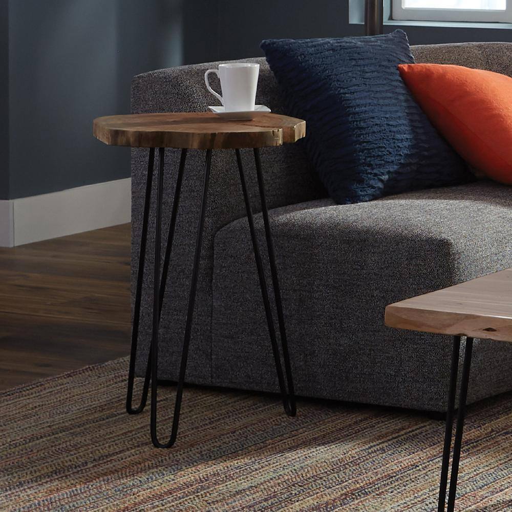 Natural Live Edge Acacia Wood Round End Table with Black Metal Hairpin Legs