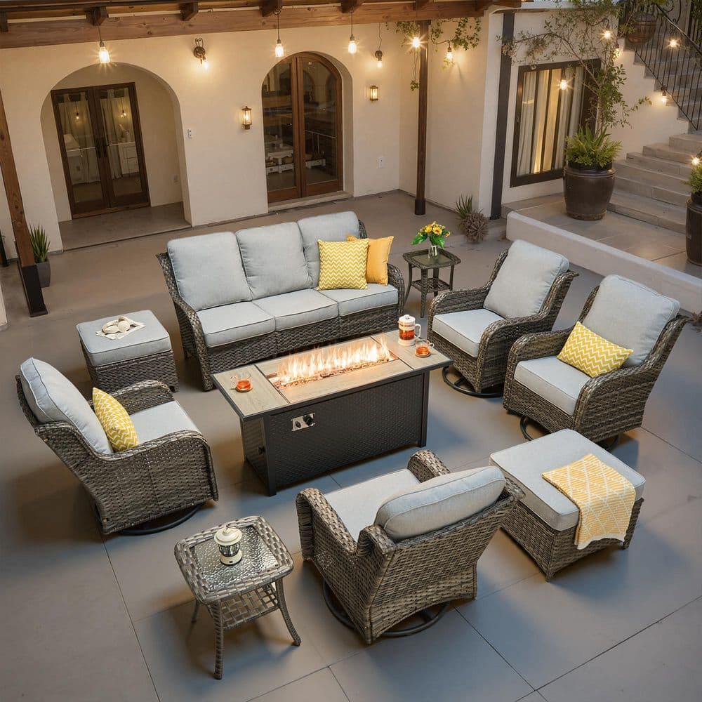 "Nerium C 10-Piece Wicker Outdoor Patio 54"" Fire Pit Conversation Set with Swivel Rocking Chairs and Gray Cushions" price history on PriceWatchPro