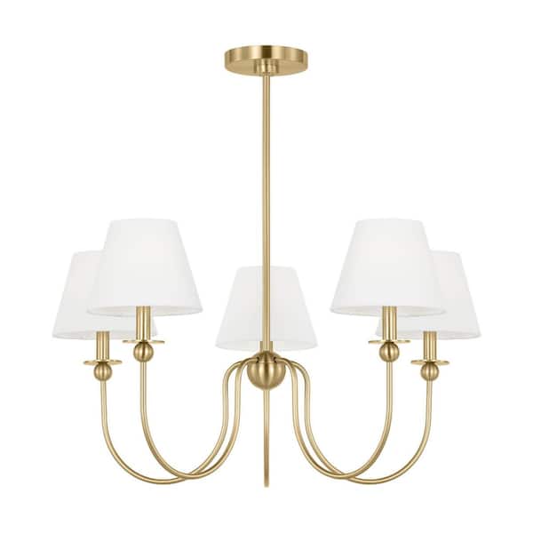 Elsay 29.75 in. W x 15.5 in. H 5-Light Satin Brass Transitional Chandelier with White Linen Fabric Shades