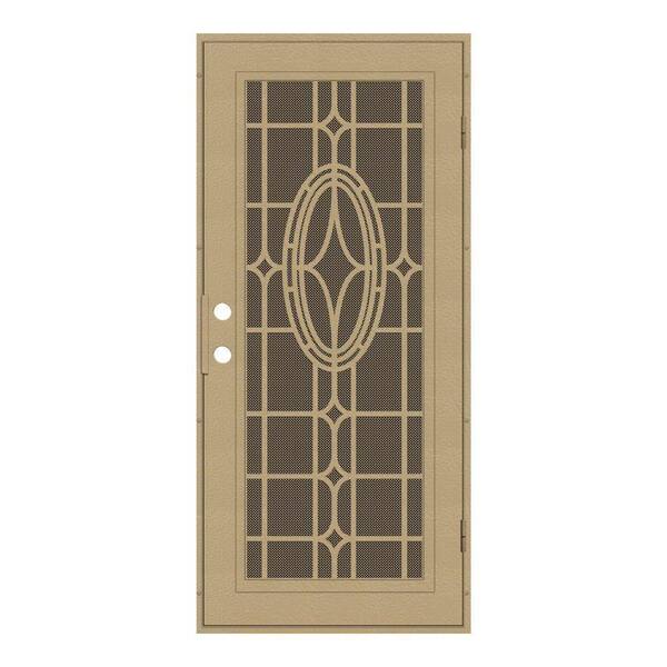 Unique Home Designs 36 in. x 80 in. Modern Cross Desert Sand Right-Hand Surface Mount Aluminum Security Door with Brown Perforated Screen