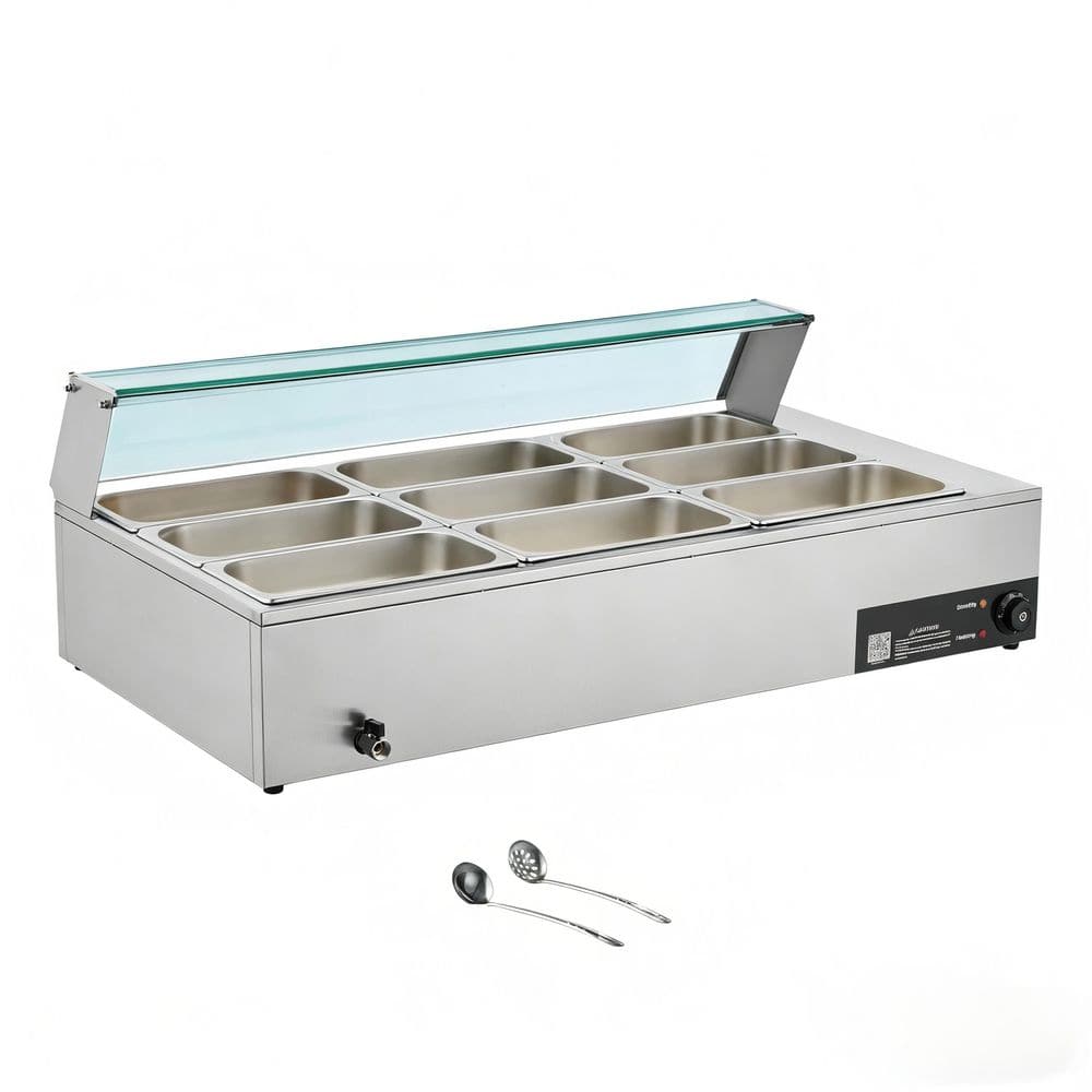 Commercial Food Warmer, 1500W Electric Stainless Steel Steam Unit with Glass Lid, 9-Pan Countertop Buffet Bain Marie