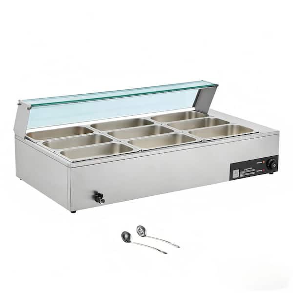 Commercial Food Warmer, 1500W Electric Stainless Steel Steam Unit with Glass Lid, 9-Pan Countertop Buffet Bain Marie