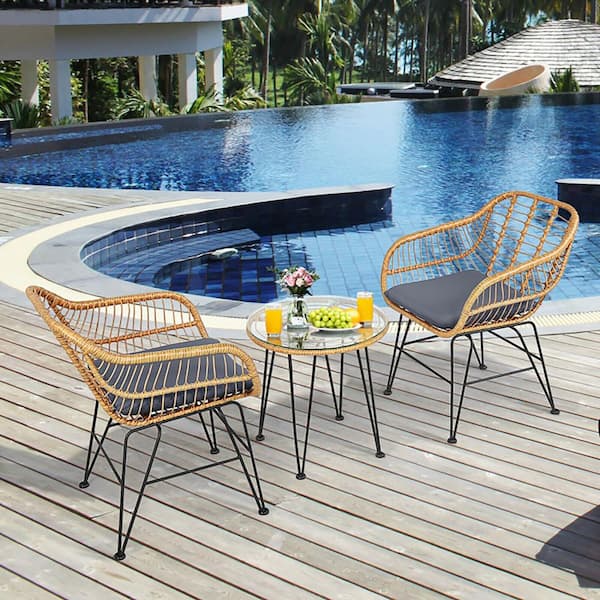 Boyel Living 3-Pieces Metal Rattan Patio Conversation Set with Gray Cushioned Chair Table