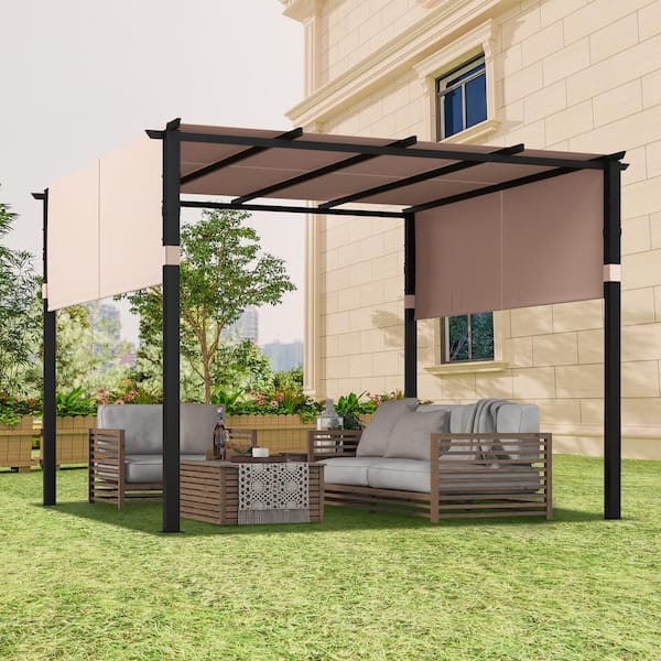 ANGELES HOME 10 ft. x 10 ft. Gray Flat Top Pergola with Retractable Canopy for Garden Pool Porch and Backyard