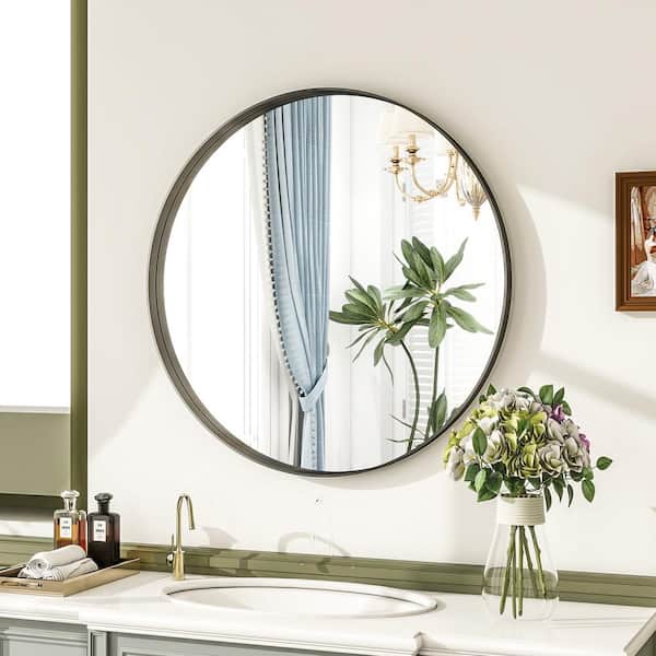 GLSLAND 30 in. W x 30 in. H Round Black Metal Deep Framed Wall Bathroom Vanity Mirror
