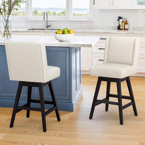 LUE BONA Joyce 26 in. Modern White Faux Leather Upholstered Swivel Bar Stool with Solid Wood Leg Counter Bar Stool (Set of 2)