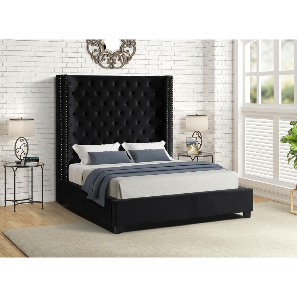 Regal Velvet Upholstered King Bed with Nailhead Trim in Black