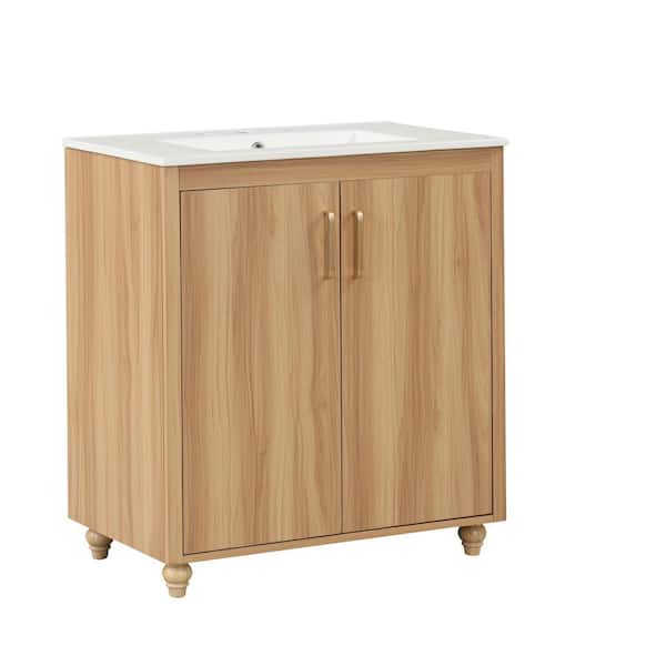 30 in. Natural Bath Vanity with White Ceramic Top, 2 Doors and 1 Drawer