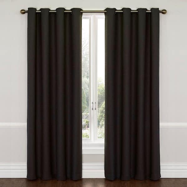 Eclipse Wyndham Thermaweave Jet Black Woven Solid 52 in. W x 63 in. L Thermal Lined Noise Cancelling Grommet Blackout Curtain
