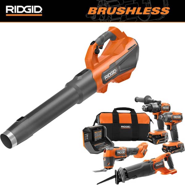 RIDGID 18V Brushless Cordless Battery 510 CFM 110 MPH Blower and 4-Tool Combo Kit with (2) MAX Output Batteries and Charger