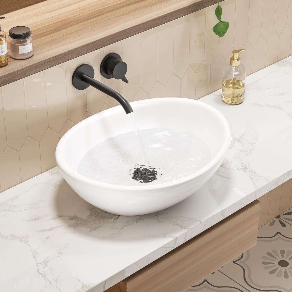 White Polished Ceramic Oval Above-Counter Vessel Sink
