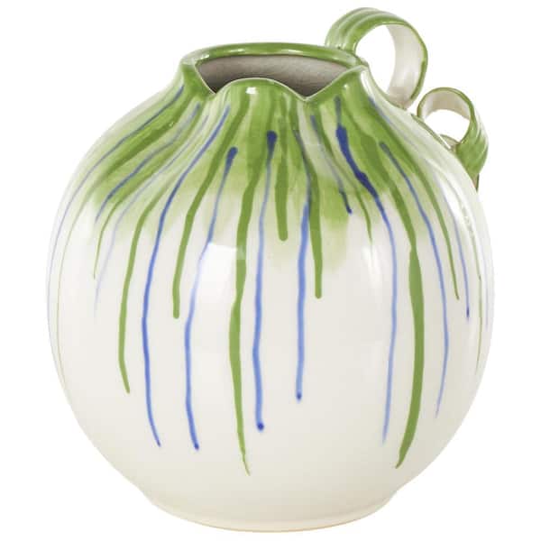 Litton Lane White Ceramic Decorative Vase with Green and Blue Drip Design and Handles