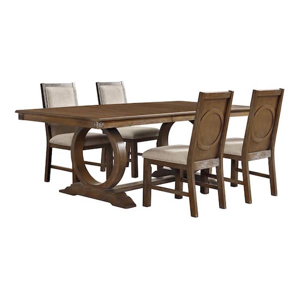 Furniture of America Addicus Farmhouse 5-Piece Rectangle Rustic Oak and Beige Wood Top Dining Room Set (Seats 4)