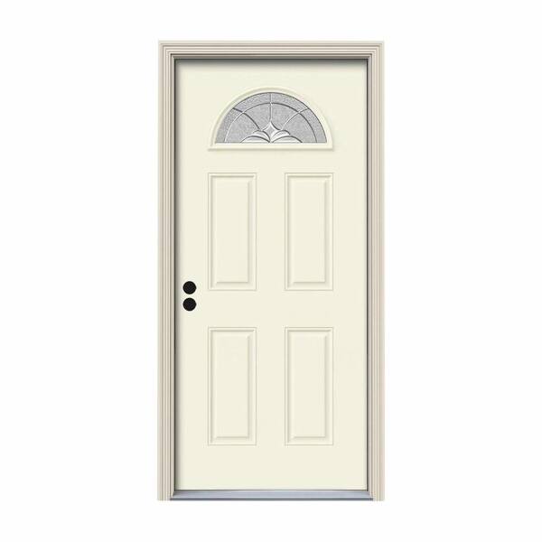 JELD-WEN 34 in. x 80 in. Fan Lite Langford Vanilla Painted Steel Prehung Right-Hand Inswing Front Door w/Brickmould